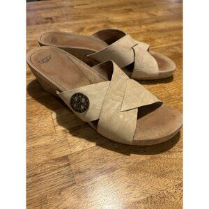 UGG Size 9 Lyra Beige Leather Cork‎ Wedge Strappy Sandals
